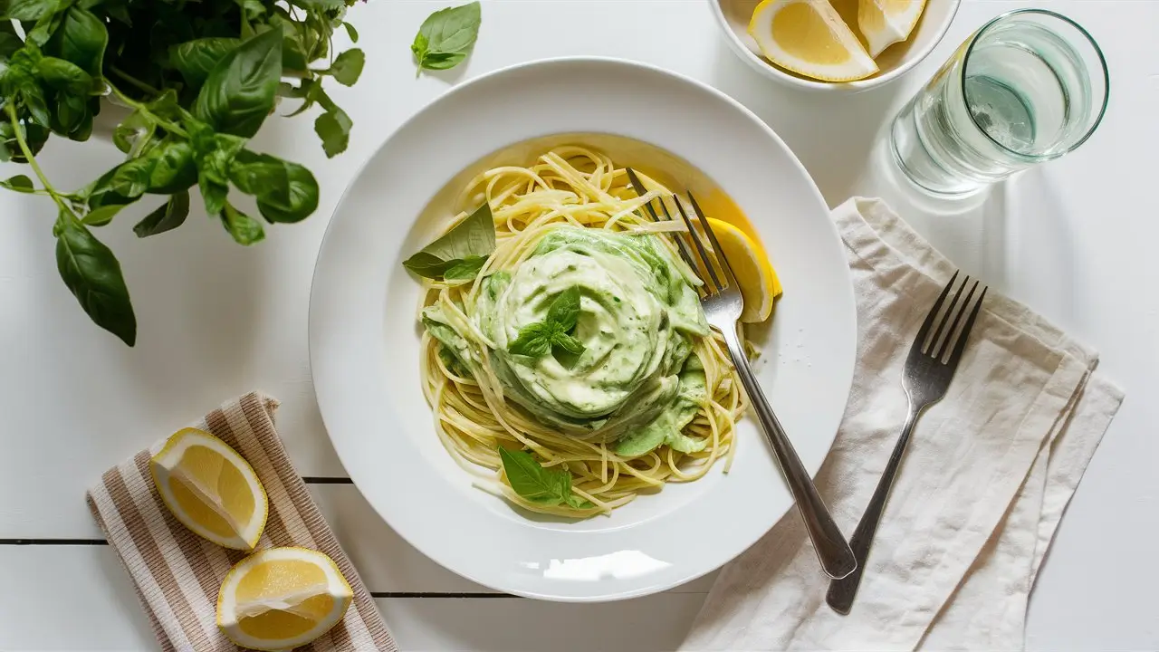 Creamy Avocado Pasta Garnished with Basil